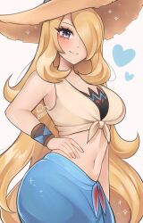 1girl alternate_costume bare_shoulders blue_sarong blush breasts collarbone cowboy_shot cynthia_(pokemon) eyelashes grey_eyes hair_over_one_eye hand_on_own_hip hat heart highres large_breasts long_hair luci_(purrlucii) navel nintendo pokemon pokemon_dppt sarong shirt simple_background smile solo sun_hat tied_shirt white_background