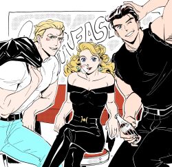 1950s_(style) 1girl 2boys aged_up bare_shoulders battle_tendency blonde_hair blowing_bubble_gum blowing_bubbles breasts brown_hair caesar_anthonio_zeppeli chewing_gum cigarette cleavage cola crossed_legs crossover denim earrings facial_mark grease_(musical) green_eyes hair_slicked_back hakmonss jacket jacket_on_shoulders jeans jewelry jojo_no_kimyou_na_bouken joseph_joestar joseph_joestar_(young) leather leather_jacket looking_at_viewer medium_breasts mouth_hold multiple_boys off-shoulder_shirt off_shoulder one_eye_closed pants shirt sitting stool suzi_q t-shirt time_paradox wavy_hair