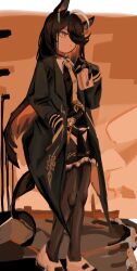1girl animal_ears black_choker black_coat black_gloves black_hair black_pantyhose black_skirt black_vest choker closed_mouth coat collared_shirt cup dom1 ear_tag earrings expressionless gloves hair_over_one_eye hand_in_pocket hand_up head_on_pillow highres holding holding_cup horse_ears horse_girl horse_tail jewelry long_hair long_sleeves manhattan_cafe_(umamusume) mug multicolored_hair necktie open_clothes open_coat pantyhose pillow pleated_skirt shirt shoes single_earring skirt solo tail umamusume very_long_hair vest white_hair white_shirt white_shoes yellow_eyes yellow_necktie