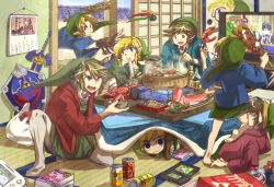 Rule 34 | 1girl, 6+boys, :3, :d, arm support, bag, bandages, barefoot, bento, blonde hair, blue eyes, blue sky, bomb, book, boots, bottle, bowl, brown footwear, brown hair, calendar (object), can, chopsticks, ciela, commentary request, day, epona, explosive, eye mask, fairy, fang, fish, from behind, game console, gauntlets, green hair, green headwear, green pants, green shirt, green tunic, green vest, grin, groose, handheld game console, haori, heart, hero&#039;s shade, holding, holding bowl, holding chopsticks, hylian shield, indoors, japanese clothes, link, lobster, long sleeves, lying, male focus, master sword, midna, midna (true), multiple boys, nintendo, nintendo ds, no nose, no shoes, on back, on stomach, open mouth, paddle, pants, pantyhose, phrygian cap, pointy ears, pot, red hair, saria (zelda), scabbard, shadow, sheath, sheathed, sheikah, shield, shirt, shopping bag, shrimp, sidelocks, sky, sliding doors, smile, steam, suzumiya misa, tabard, table, tablecloth, tatami, television, the legend of zelda, the legend of zelda: a link between worlds, the legend of zelda: a link to the past, the legend of zelda: ocarina of time, the legend of zelda: oracle of ages, the legend of zelda: phantom hourglass, the legend of zelda: skyward sword, the legend of zelda: the wind waker, the legend of zelda: twilight princess, toon link, triforce, tunic, under table, vest, white pantyhose, wide sleeves, wii u, wii u gamepad, young link