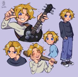 1boy aged_up baseball_bat black_shoes blonde_hair blue_eyes blue_shirt blush boomer_(ppg) commentary cosmosully denim electric_guitar english_commentary frown furrowed_brow grin guitar hand_on_own_face hand_up hands_in_pockets happy heart highres instrument jeans one_eye_closed pants parted_hair powerpuff_girls rowdyruff_boys shirt shoes simple_background smile sweater t-shirt teeth tongue tongue_out white_shirt