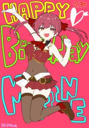 Rule 34 | 1girl, arm up, arrow (projectile), arrow through heart, bare arms, bare shoulders, belt, boots, breasts, brown belt, brown boots, brown eyes, brown leotard, character name, commentary request, covered navel, cropped jacket, dated, fold-over boots, gloves, hair ribbon, hand up, happy birthday, heart, heterochromia, highres, hololive, houshou marine, houshou marine (1st costume), jacket, kiritoma, leotard, leotard under clothes, medium breasts, pink background, pleated skirt, red eyes, red hair, red jacket, red ribbon, red skirt, ribbon, skirt, sleeveless, sleeveless jacket, solo, text background, twintails, virtual youtuber, white gloves