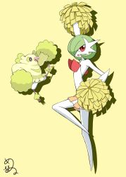 arm_up bird bob_cut cheerleader colored_skin game_freak gardevoir gen_3_pokemon gen_7_pokemon green_hair highres looking_at_viewer mega_gardevoir mega_pokemon nintendo no_feet open_mouth oricorio oricorio_(pom-pom) pleated_skirt pokemon pokemon_(creature) pom_pom_(cheerleading) red_eyes shabana_may signature simple_background skirt smile white_skin yellow_background