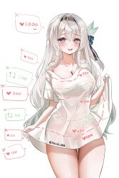1girl absurdres blush breasts covered_erect_nipples covered_navel cowboy_shot cut-here_line firefly_(honkai:_star_rail) harin_05 highres honkai:_star_rail honkai_(series) large_breasts looking_at_viewer naked_shirt nervous_smile purple_eyes see-through_clothes shirt smile solo tearing_up thighs twitter_cutting_game twitter_strip_game wet wet_clothes wet_shirt white_background white_hair white_shirt