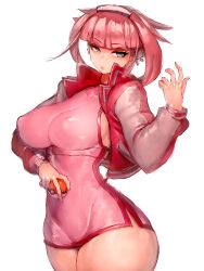 1girl blue_eyes breasts covered_erect_nipples dress earrings fumio_(rsqkr) hat highres holding holding_poke_ball jacket jewelry large_breasts lips mollie_(pokemon) nintendo nurse_cap open_hand parted_lips pink_dress pink_jacket poke_ball poke_ball_(basic) pokemon pokemon_(anime) pokemon_horizons redesign sleeveless sleeveless_dress thick_thighs thighs twintails white_background