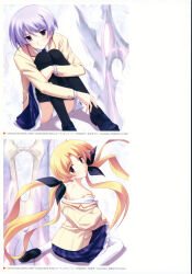1girl absurdres album_cover antenna_hair back bare_back black_thighhighs blonde_hair blue_hair blush bra bra_strap chaos;head clothes_lift clothes_pull cover dated from_behind hair_ribbon highres hugging_own_legs kishimoto_ayase lapels lingerie loafers long_hair looking_back matsuo_yukihiro median_furrow nape necktie non-web_source notched_lapels off_shoulder official_art orihara_kozue panties pantyhose pantyhose_pull pantyshot petticoat plaid_clothes plaid_necktie plaid_skirt pleated_skirt purple_eyes ribbon scan school_uniform shoes sitting skirt skirt_lift smile solo strap_slip suimei_school_uniform sword thick_thighs thighhighs thighs twintails underwear very_long_hair weapon weapon_background white_background white_panties white_petticoat white_thighhighs yellow_eyes