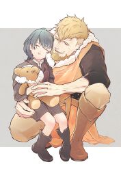 2boys aged_down beard black_shirt black_shoes black_shorts blonde_hair boots brown_shoes closed_eyes commentary_request facial_hair father_and_son fire_emblem fire_emblem:_three_houses fur-trimmed_collar fur_trim green_hair highres holding holding_stuffed_toy jeralt_reus_eisner kneeling long_sleeves male_byleth_(fire_emblem) male_focus multiple_boys nintendo parted_lips shirt shoes shorts sideburns stuffed_animal stuffed_toy teddy_bear un_faro white_fur