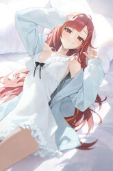 1girl akane_lize arm_up bare_shoulders blurry breasts brown_eyes closed_mouth depth_of_field dress frilled_dress frills hand_up highres jacket long_hair looking_at_viewer lying medium_breasts multicolored_hair off_shoulder on_back pillow red_hair sleeveless sleeveless_dress smile solo spaghetti_strap stellive streaked_hair very_long_hair virtual_youtuber white_dress white_jacket yoba