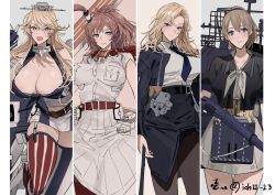 4girls black_necktie blonde_hair blue_eyes bomber_jacket breasts brown_hair cleavage cowboy_shot dress elbow_gloves fingerless_gloves gloves hair_between_eyes headgear high_side_ponytail hornet_(kancolle) ichimonme_(ichi) intrepid_(kancolle) iowa_(kancolle) jacket kantai_collection large_breasts long_hair multiple_girls neckerchief necktie open_mouth pantyhose pencil_skirt ponytail saratoga_(kancolle) shirt short_hair side_ponytail sidelocks skirt smile smokestack_hair_ornament star-shaped_pupils star_(symbol) symbol-shaped_pupils thighhighs white_dress white_shirt