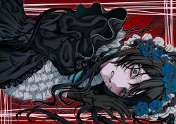 Rule 34 | 1girl, ado (utaite), aegyo sal, aishite aishite aishite (vocaloid), black dress, black gloves, black hair, blue eyes, blue flower, blue rose, chando (ado), clenched teeth, commentary, dress, flower, frilled dress, frills, gloves, highres, long hair, looking at viewer, mole, mole under eye, open mouth, oyashirazu (adochan daisuki), rose, solo, sweatdrop, teeth, thorns, utaite