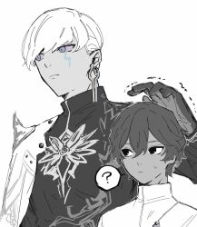 Rule 34 | 2boys, ?, arjuna (fate), armor, black eyes, black gloves, earrings, expressionless, fate/grand order, fate (series), fgo si, gloves, greyscale, high collar, highres, indra (fate), jewelry, lightning bolt symbol, long sleeves, looking at another, looking up, monochrome, multiple boys, pauldrons, print shirt, shaking, shirt, short hair, shoulder armor, simple background, single earring, single pauldron, sweatdrop, white background, white hair
