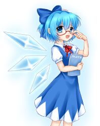 1girl 2000s_(style) adjusting_eyewear artist_name blue_bow blue_dress blue_eyes blue_hair book bow cirno cirno_day cowboy_shot dress glasses hair_bow hand_up highres holding holding_book kigidere looking_at_viewer neck_ribbon open_mouth pinafore_dress puffy_short_sleeves puffy_sleeves red-framed_eyewear red_ribbon ribbon semi-rimless_eyewear shirt short_hair short_sleeves sleeveless sleeveless_dress solo standing touhou under-rim_eyewear white_shirt wings