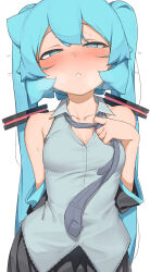 1girl abmayo bare_shoulders black_skirt blush clothes_grab collarbone detached_sleeves green_hair green_necktie grey_shirt hair_ornament half-closed_eyes hand_up hatsune_miku highres long_hair necktie necktie_grab neckwear_grab shirt simple_background skirt solo sweat teeth upper_body vocaloid white_background