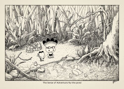 Rule 34 | 2boys, animal, baby animal, backpack, bag, bird, black shorts, border, branch, camping, commentary, duck, duckling, english commentary, flag, foliage, forest, grass, greyscale, holding, holding flag, initial, leaf, lineart, monochrome, multiple boys, nature, on rock, original, outdoors, plant, rock, scenery, shoes, shorts, smile, solid circle eyes, stick, takitasaki, tree, water, white border