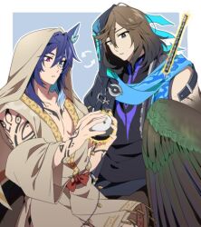 2boys animal_ears arm_markings ball bare_shoulders bat_ears bird_wings black_eyes black_hood black_shirt blue_background blue_eyes blue_hair blue_scarf border brown_hair brown_wings cosplay costume_switch facial_mark flute genshin_impact getian_(reverse:1999) getian_(reverse:1999)_(cosplay) grey_eyes grey_hanfu grey_headscarf harpy_boy headscarf heterochromia hnt_(1177tr1999) holding holding_ball instrument long_hair looking_at_object male_focus medium_hair monster_boy multiple_boys orb ororon_(genshin_impact) ororon_(genshin_impact)_(cosplay) outside_border purple_eyes reverse:1999 scarf shirt sleeveless sleeveless_shirt upper_body white_border winged_arms wings yin_yang yin_yang_orb