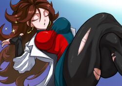 1girl android_21 black_pantyhose blue_background blue_dress breasts brown_hair checkered_clothes checkered_dress closed_eyes coat crossed_legs dragon_ball dragon_ball_fighterz dress earrings highres hoop_earrings jewelry lab_coat large_breasts long_hair pantyhose red_dress simple_background solo sparkle takundraws torn_clothes torn_pantyhose two-tone_dress white_coat