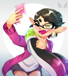 +_+ 1girl ;d alternate_hairstyle artist_logo black_hair black_shorts callie_(agent_1_casual)_(splatoon) callie_(splatoon) cellphone chichi_band commentary cowboy_shot earrings fangs female_focus gradient_hair hair_over_shoulder hair_tubes holding holding_phone inkling jacket jewelry leaning_forward logo long_hair long_sleeves mask mole mole_under_eye multicolored_hair nintendo one_eye_closed open_clothes open_jacket open_mouth phone pointing pointy_ears ponytail purple_hair purple_jacket selfie shirt short_shorts shorts smartphone smile solo standing tentacle_hair very_long_hair white_shirt yellow_eyes