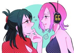 2girls black_hair blush dress flying_sweatdrops hair_bun hair_over_one_eye headphones mecuru_mecu multiple_girls one_piece pink_hair profile purple_eyes red_dress short_hair sidelocks tashigi tongue tongue_out turtleneck turtleneck_dress upper_body vinsmoke_reiju