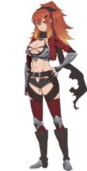 1girl abs arm_armor bandeau black_bandeau black_ribbon black_scarf blonde_hair boobplate bra breastplate breasts cropped_jacket fingerless_gloves gloves gradient_hair hair_between_eyes hair_ribbon hayasato_satsuki jacket katainaka_no_ossan_kensei_ni_naru knee_armor large_breasts long_hair looking_at_viewer micro_shorts multi-strapped_bra multicolored_hair navel official_art red_eyes red_hair red_jacket red_thighhighs ribbon scarf shorts simple_background standing surena_lysandra thighhighs toned toned_female underwear