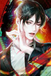 1boy black_necktie chainsaw_man double-parted_bangs formal_clothes fox_shadow_puppet grey_eyes hair_between_eyes hayakawa_aki highres jacket lips male_focus necktie one_eye_closed open_mouth shirt short_hair solo suit suit_jacket tongue topknot upper_body vazi white_shirt