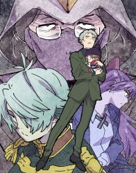 1boy 1girl 20091002 absurdres ahoge black_hair blunt_bangs child closed_mouth crossover father_and_son full_body gegege_no_kitarou glasses grandma grandmother_and_grandson grey_hair gundam gundam_gquuuuuux hair_over_one_eye hair_ribbon hair_tie hat highres hug jacket kitarou kitarou_tanjou:_gegege_no_nazo loafers long_hair long_sleeves mask mature_female mature_male medama_oyaji_(human) military mizuki_(gegege_no_kitarou) mouth_mask nekomusume one_eye_closed one_eye_covered pants parody parted_bangs puffy_hat pulling_another&#039;s_clothes red_ribbon ribbon school_uniform shoes short_hair sideways_face very_short_hair zooming_in