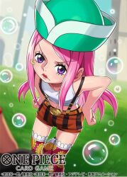 1boy 1girl anti-eyebrow_piercing bubble closed_mouth commentary_request copyright_name eyelashes face_piercing grass hands_on_own_hips hat jewelry_bonney long_hair official_art one_piece one_piece_card_game outdoors piercing pink_hair purple_eyes red_lips roronoa_zoro shinra0609 shorts suspenders swept_bangs thighhighs