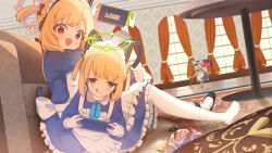 4girls aris_(blue_archive) aris_(maid)_(blue_archive) black_dress black_shoes blonde_hair blue_archive blue_halo curtains dress dutch_angle food frilled_dress frills game_development_department_(blue_archive) green_eyes green_halo halo handheld_game_console highres holding holding_handheld_game_console indoors maid midori_(blue_archive) midori_(maid)_(blue_archive) momoi_(blue_archive) momoi_(maid)_(blue_archive) multiple_girls nekomiya_iyo nintendo_switch official_alternate_costume official_alternate_hairstyle orange_halo pantyhose red_eyes red_halo reflective_floor shoes siblings single_shoe sisters twins twintails white_pantyhose window yuzu_(blue_archive) yuzu_(maid)_(blue_archive)