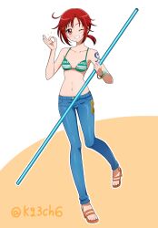 1girl ;d absurdres bangle bare_arms bikini bikini_top_only blue_pants blush bracelet breasts clima-tact collarbone commentary commission company_connection cosplay denim earrings full_body gold_bracelet green_bikini grin hair_ornament highres hino_akane_(smile_precure!) holding holding_polearm holding_weapon jeans jewelry kagami_chihiro knees_together_feet_apart log_pose looking_at_viewer low_ponytail money_gesture nami_(one_piece) nami_(one_piece)_(cosplay) navel no_shirt notice_lines one_eye_closed one_piece open_mouth orange_background outline pants pearl_earrings pixiv_commission polearm ponytail precure red_eyes red_hair sandals short_ponytail shoulder_tattoo small_breasts smile smile_precure! solo standing swimsuit tattoo teeth toei_animation toes twitter_username two-tone_background weapon white_background white_outline x_hair_ornament