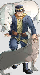 Rule 34 | 1boy, absurdres, animal, bag, belt, black hair, black hat, closed mouth, fingernails, full body, golden kamuy, hat, highres, long sleeves, looking at viewer, male focus, mature male, military uniform, petting, satchel, short hair, simple background, smile, solo, sugimoto saichi, wolf, yellow eyes, yofu (0042 2400)