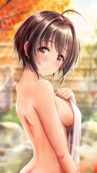 1girl absurdres ahoge backbone black_hair blurry blurry_background blush breasts butt_crack commentary completely_nude covered_erect_nipples covering_privates depth_of_field expressionless hair_intakes highres holding holding_towel idolmaster idolmaster_cinderella_girls idolmaster_cinderella_girls_starlight_stage kohinata_miho light_rays looking_at_viewer looking_to_the_side maple_tree masuku_(saint_mask) medium_breasts naked_towel nude nude_cover onsen short_hair solo stone sweatdrop symbol-only_commentary towel tree underboob upper_body