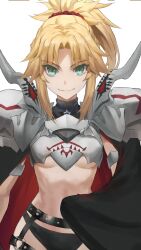 1girl absurdres armor blonde_hair braid breasts fate/apocrypha fate_(series) green_eyes hair_ornament hair_scrunchie half_up_braid highres long_hair looking_at_viewer parted_bangs ponytail red_scrunchie scrunchie sidelocks small_breasts smile solo tonee
