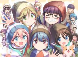 &gt;_&lt; 2boys 6+girls :d :i animal bangs_pinned_back black_hair blonde_hair blue_eyes blue_hair blush blush_stickers brown_eyes brown_hair can capybara chihuahua chikuwa_(yurucamp) dog drinking drunk closed_eyes fang glasses green_eyes grin hat helmet highres inuyama_akari inuyama_aoi kagamihara_nadeshiko kagamihara_sakura looking_at_viewer motorcycle_helmet multiple_boys multiple_girls n2midori oogaki_chiaki open_mouth pink_hair purple_hair rectangular_eyewear round_eyewear saitou_ena scarf shima_rin shima_saki shima_wataru shinshiro_hajime skin_fang smile stuffed_toy thick_eyebrows toba_minami toki_ayano v waving winter_clothes yellow_eyes yurucamp