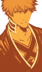 1boy bleach bleach:_sennen_kessen-hen collarbone hair_between_eyes highres japanese_clothes kimono kurosaki_ichigo looking_at_viewer monochrome orange_eyes orange_hair orange_theme parted_lips peppertea shihakusho solo v-shaped_eyebrows white_background