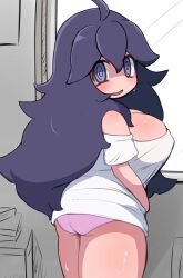 Rule 34 | 1girl, @ @, ahoge, ass, black hair, blush, book, breasts, cleavage, covered erect nipples, from behind, hex maniac (pokemon), highres, large breasts, long hair, looking at viewer, looking back, miyazero, nintendo, off-shoulder shirt, off shoulder, open mouth, panties, picture frame, pink panties, pokemon, pokemon xy, purple eyes, shirt, short sleeves, smile, standing, sweat, underwear, white shirt, window