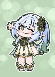 1girl ;) arm_up bare_shoulders blush chibi closed_mouth commentary_request cross-shaped_pupils dress full_body genshin_impact green_background green_eyes green_hair green_outline grey_hair hair_between_eyes highres mokkyo_(motkyo) multicolored_hair nahida_(genshin_impact) one_eye_closed outline pointy_ears side_ponytail sleeveless sleeveless_dress smile socks solo symbol-shaped_pupils toeless_socks two-tone_hair white_dress white_outline white_socks