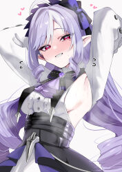 1girl absurdres ahoge armpits arms_up ascot black_skirt blush breasts buttons center_frills commentary_request dress frills heart highres large_breasts long_hair long_sleeves looking_at_viewer mole mole_under_eye overskirt pointy_ears purple_ascot purple_hair red_eyes sideboob sidelocks simple_background skirt smile solo sweat tonomiya68 vivian_banshee white_background white_dress zenless_zone_zero