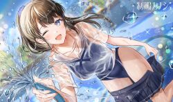1girl ;d black_hair blue_eyes blue_one-piece_swimsuit blue_skirt blurry blurry_background blush bokeh breasts cleavage clothes_pull collarbone copyright_name depth_of_field fence hair_ornament hair_scrunchie hair_tie holding holding_hose hose konomi_yui leg_up lens_flare long_hair looking_at_viewer medium_breasts niwata0 official_art one-piece_swimsuit one_eye_closed open_mouth pleated_skirt ponytail pool school_swimsuit school_uniform scrunchie see-through_clothes see-through_shirt seifuku_kanojo serafuku skirt skirt_pull smile solo sparkle spraying standing standing_on_one_leg swimsuit thighs water water_drop