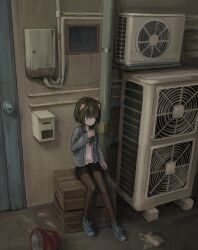1girl absurdres air_conditioner animal_ears black_hair black_pantyhose black_shorts blue_eyes bucket cat_ears highres katamimi123 original outdoors pantyhose shorts sitting