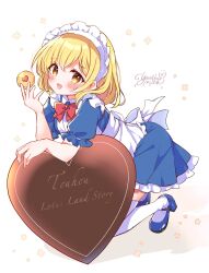 Rule 34 | 1girl, :d, apron, back bow, blonde hair, blue dress, blue shoes, blush, bow, bowtie, candy, chocolate, chocolate heart, cookie, dress, food, frilled dress, frills, full body, heart, highres, holding, holding cookie, holding food, lotus land story, maid, maid apron, maid day, maid headdress, mary janes, mugetsu (touhou), open mouth, puffy short sleeves, puffy sleeves, red bow, red bowtie, shoes, short sleeves, simple background, smile, solo, thighhighs, touhou, touhou (pc-98), white apron, white background, white bow, white thighhighs, yellow eyes, yurufuwa milk