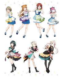 6+girls ahoge animal_ears artbook black_boots black_pantyhose blonde_hair blue_eyes boots bow brown_hair double_bun dress emma_verde fake_animal_ears floral_print green_hair grey_hair hair_bow hair_bun hair_over_one_eye highres konoe_kanata long_hair looking_at_viewer love_live! love_live!_nijigasaki_high_school_idol_club mia_taylor mifune_shioriko multiple_girls nakasu_kasumi non-web_source official_art one_eye_closed pantyhose pink_eyes pink_hair purple_eyes red_eyes rina-chan_board short_hair smile standing standing_on_one_leg tennoji_rina twintails zhong_lanzhu