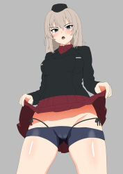 Rule 34 | 1girl, bike shorts, bike shorts under skirt, black hat, black jacket, black shorts, blue eyes, blush, cameltoe, clothes lift, cowboy shot, dress shirt, garrison cap, girls und panzer, grey background, grey hair, groin, hat, highres, insignia, itsumi erika, jacket, kuromorimine military uniform, lifting own clothes, long sleeves, looking at viewer, lowleg, lowleg shorts, medium hair, micro panties, military hat, military uniform, miniskirt, open mouth, panties, pleated skirt, red shirt, red skirt, shirt, short shorts, shorts, side-tie panties, simple background, skirt, skirt lift, solo, standing, string panties, teizan haku, underwear, wing collar