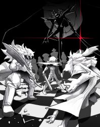 Rule 34 | 1boy, 1girl, 2others, absurdres, axe, black background, boots, bracelet, cape, chess piece, chessboard, deltarune, facing away, glasses, goat horns, greyscale, heartbreak juan, highres, holding, holding axe, holding sword, holding weapon, horns, jewelry, kris (deltarune), long hair, monochrome, multiple others, pants, ralsei, roaring knight, scarf, short hair, spiked bracelet, spikes, spot color, standing, susie (dark world) (deltarune), susie (deltarune), sword, unworn eyewear, weapon
