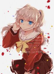 Rule 34 | 1girl, black skirt, blue eyes, bow, bowtie, charlotte (anime), grey background, grey hair, hoshinoumi academy school uniform, leaning forward, misaki juri, petals, red shirt, sailor collar, school uniform, shirt, simple background, skirt, solo, tomori nao, two side up, watermark, white sailor collar, yellow bow, yellow bowtie