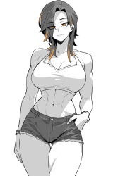 1girl abs absurdres blush bra bracelet breasts cleavage closed_mouth collarbone cutoffs denim denim_shorts ear_piercing eyes_visible_through_hair hair_over_one_eye highres hotaru_(nokaa_aru) jewelry large_breasts medium_hair mole mole_under_eye muscular muscular_female navel nokaa_aru orange_eyes orange_hair original partially_colored piercing playing_sports short_shorts shorts simple_background solo underwear