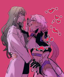 2girls black_gloves black_necktie black_shorts black_skirt blush breasts coat commentary corset elf elysia_(honkai_impact) elysia_(miss_pink_elf)_(honkai_impact) english_commentary from_side gloves green_hair green_shirt hand_on_another&#039;s_back heart highres holding_hands honkai_(series) honkai_impact_3rd lab_coat large_breasts long_hair looking_at_another mobius_(honkai_impact) mobius_(pre-surgery)_(honkai_impact) multiple_girls necktie pencil_skirt pink_background pink_hair pointy_ears salt66666 shirt shorts simple_background skirt stop_(gesture) very_long_hair white_coat white_corset yuri