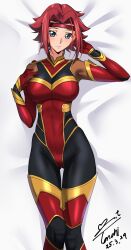 1girl artist_name blue_eyes bodysuit breasts code_geass collarbone dakimakura_(medium) dated female_focus headband highres kouzuki_kallen large_breasts looking_at_viewer lying medium_hair on_back parted_bangs red_hair red_headband variant_set yoo_tenchi