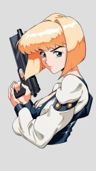 1girl aiming_up armband black_armband blonde_hair blue_corset blue_eyes blunt_ends bob_cut breasts cleavage closed_mouth commentary corset cropped_torso english_commentary grey_background gun hair_intakes handgun holding holding_gun holding_weapon inverted_bob long_sleeves looking_at_viewer looking_to_the_side making-of_available medium_breasts original puffy_sleeves raul_trevino retro_artstyle serious shirt short_hair simple_background solo thick_eyebrows two-handed v-neck weapon white_shirt