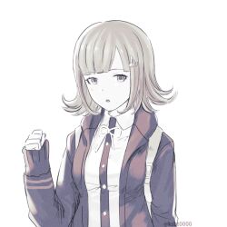 1girl :o backpack bag blunt_bangs breasts collared_shirt danganronpa_2:_goodbye_despair dress_shirt flipped_hair hair_ornament hairclip hajime_(gitoriokawaii) hand_up hood jacket long_sleeves looking_at_viewer medium_hair nanami_chiaki neck_ribbon open_clothes open_jacket open_mouth ribbon shirt simple_background sleeves_past_wrists solo upper_body white_background