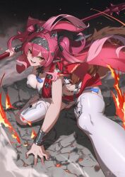 1girl armor black_bow boots bow breastplate breasts collar commentary crazy_smile fingernails gradient_hair hair_between_eyes hair_bow hair_ornament hairband highres holding holding_polearm holding_weapon large_breasts long_hair looking_at_viewer lupa_(wuthering_waves) meda metal_collar metal_hairband multicolored_hair multiple_hair_bows pink_hair polearm pose_request red_pupils red_sash sash smile solo spear tacet_mark_(wuthering_waves) thigh_boots twintails v-shaped_eyebrows weapon white_boots wrist_guards wuthering_waves yellow_eyes