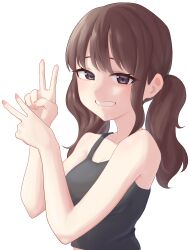 1girl baksangmin bare_arms bare_shoulders black_tank_top breasts brown_hair double_v from_side grey_eyes hands_up long_hair looking_at_viewer looking_to_the_side low_twintails medium_breasts original sidelocks simple_background smile solo swept_bangs tank_top twintails upper_body v white_background